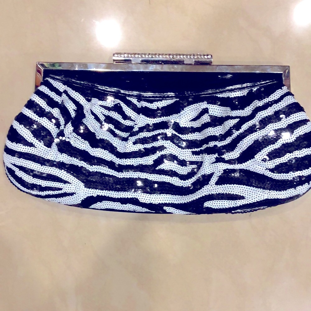 Black and White Sequin Clutch sequins rhinestone enclosure.